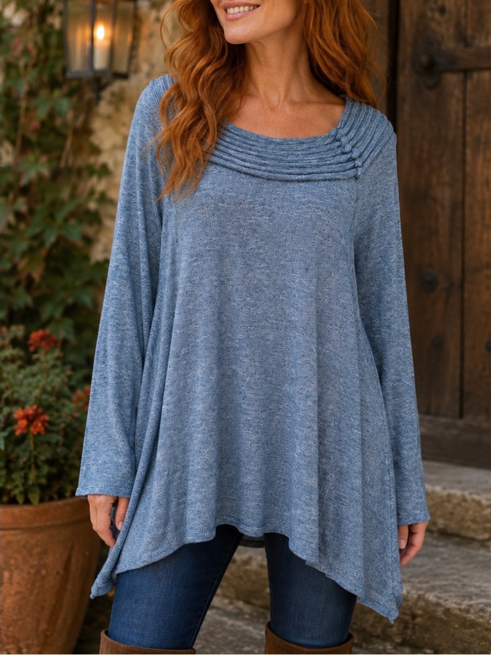 Krazy Kat blue long-sleeved tunic top by the brand Krazy Kat w/ asymmetrical hem